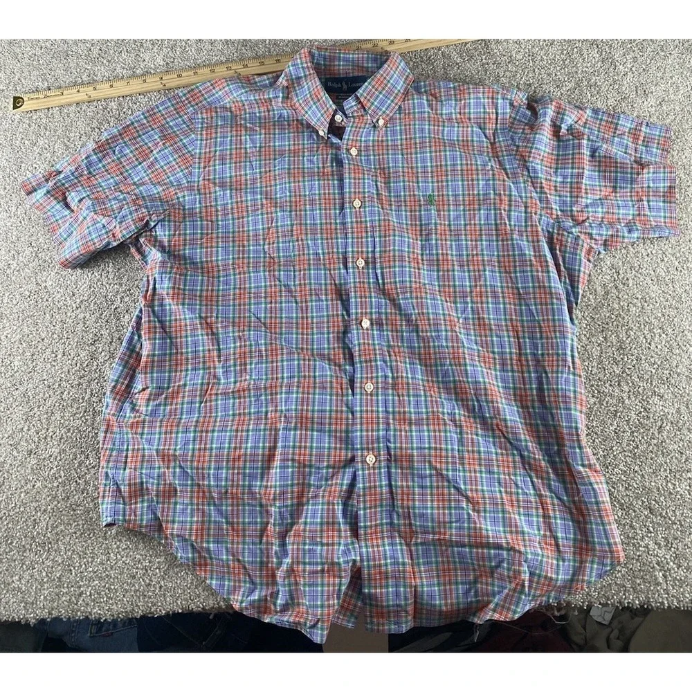 Polo Ralph Lauren Blue/Red/Green Plaid Short Sleeve Shirt Men XL Green Pony Prep
